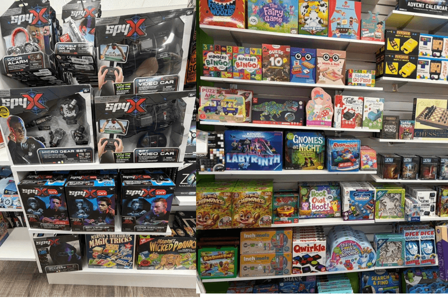 Store shelves displaying SpyX spy toys and various children's board games and puzzles.