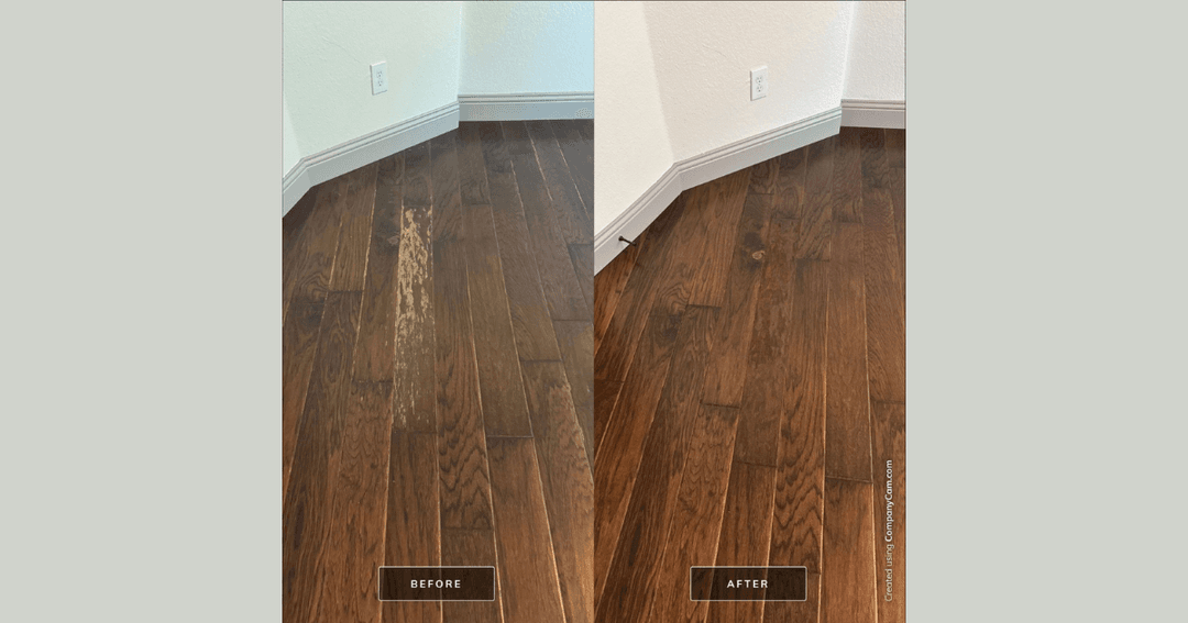 Before and after comparison of hardwood floor, showing damaged finish repaired to smooth, uniform wood.