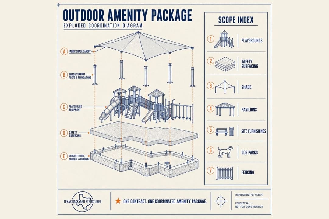 Exploded diagram of outdoor amenity package showing shade canopy, playground, safety surfacing, concrete base, with scope index.