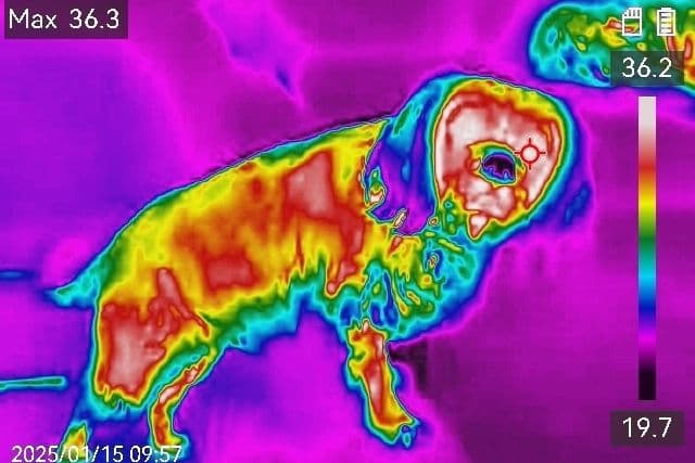 Thermal image of a dog showing heat distribution, with max temperature 36.3°C, dated 2025/01/15.