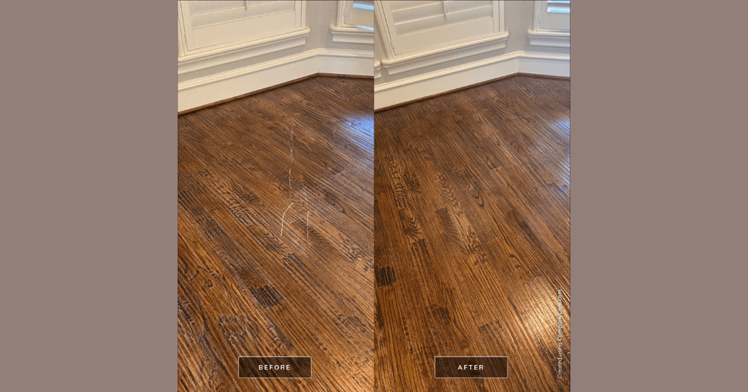 Before and after comparison of a hardwood floor showing scratches removed and restored shine.