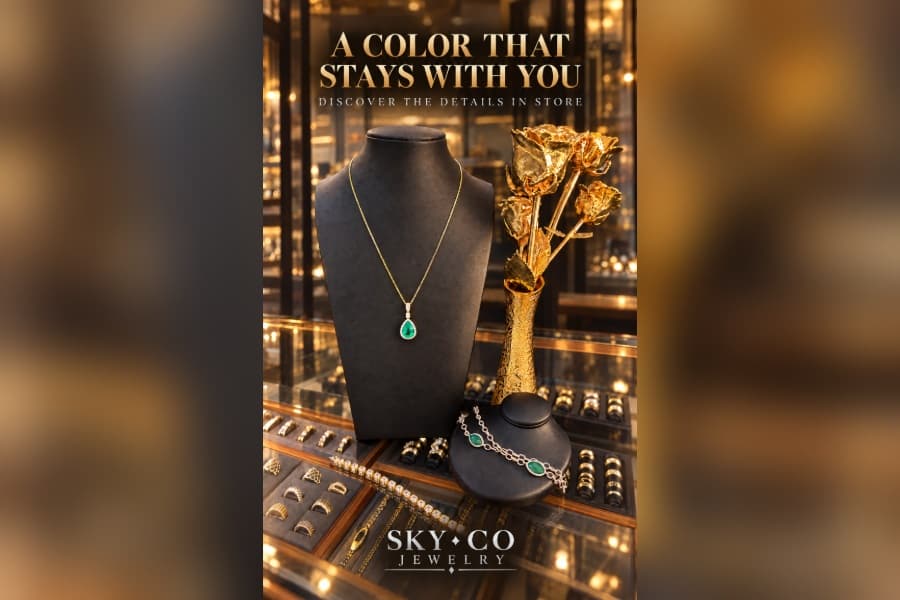 Sky Co Jewelry ad with emerald pendant necklace, gold rose bouquet, and bracelet; text "A Color That Stays With You.