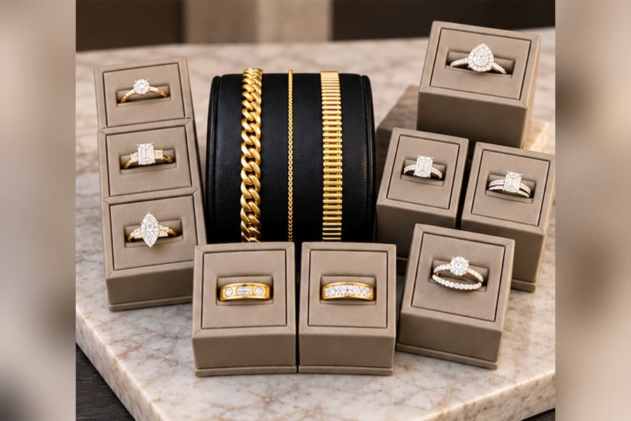 Assortment of gold diamond rings in display boxes with gold chain bracelets on a marble surface.