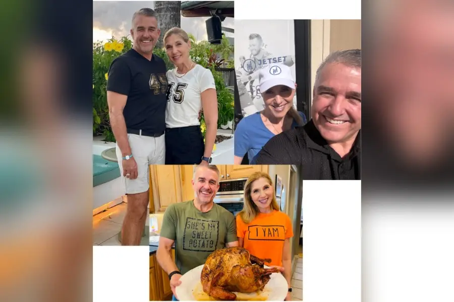 Collage of a smiling couple posing together, including holding a roasted turkey in a kitchen.