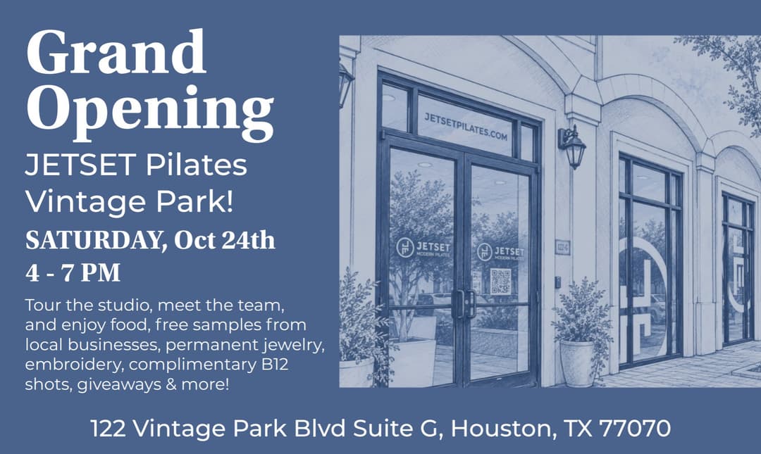 Grand Opening flyer for JETSET Pilates Vintage Park, Saturday Oct 24th 4-7 PM, Houston TX, with studio storefront illustration.