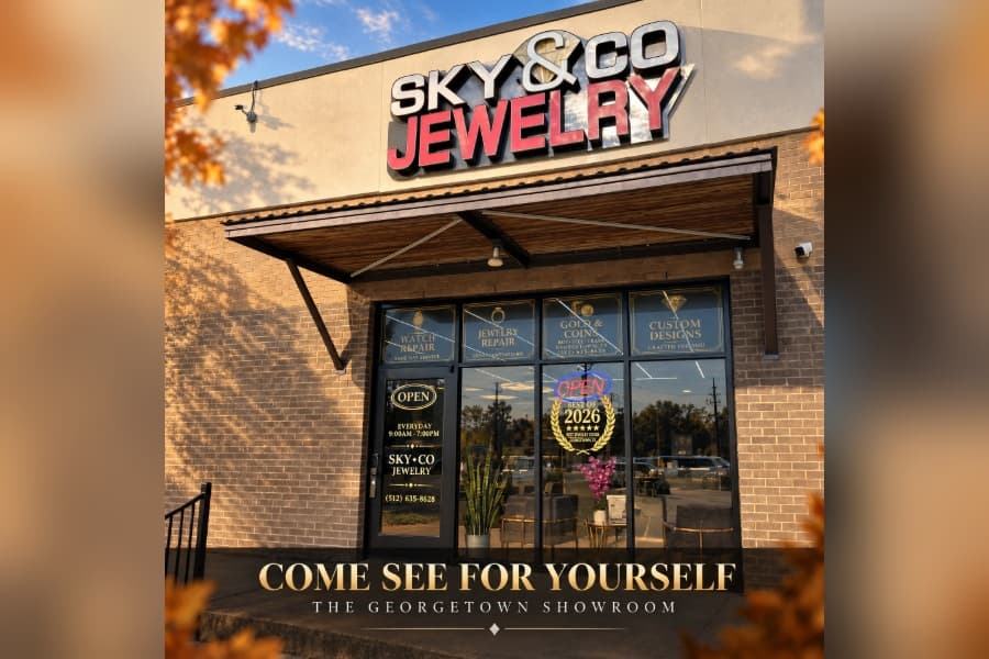 Sky & Co Jewelry storefront with "Come See for Yourself, The Georgetown Showroom" text and autumn leaves.