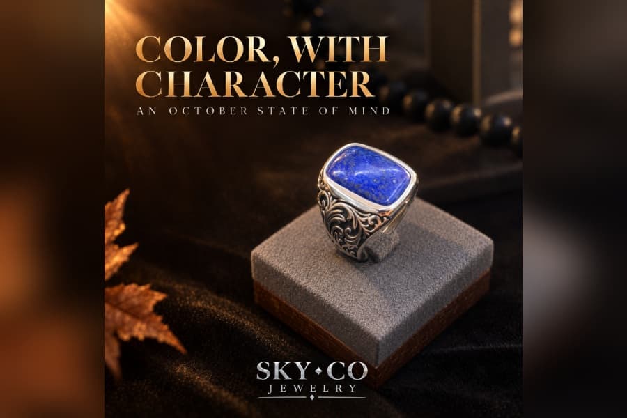 Sky Co Jewelry ad: ornate silver ring with blue lapis stone, text "Color, With Character, An October State of Mind.