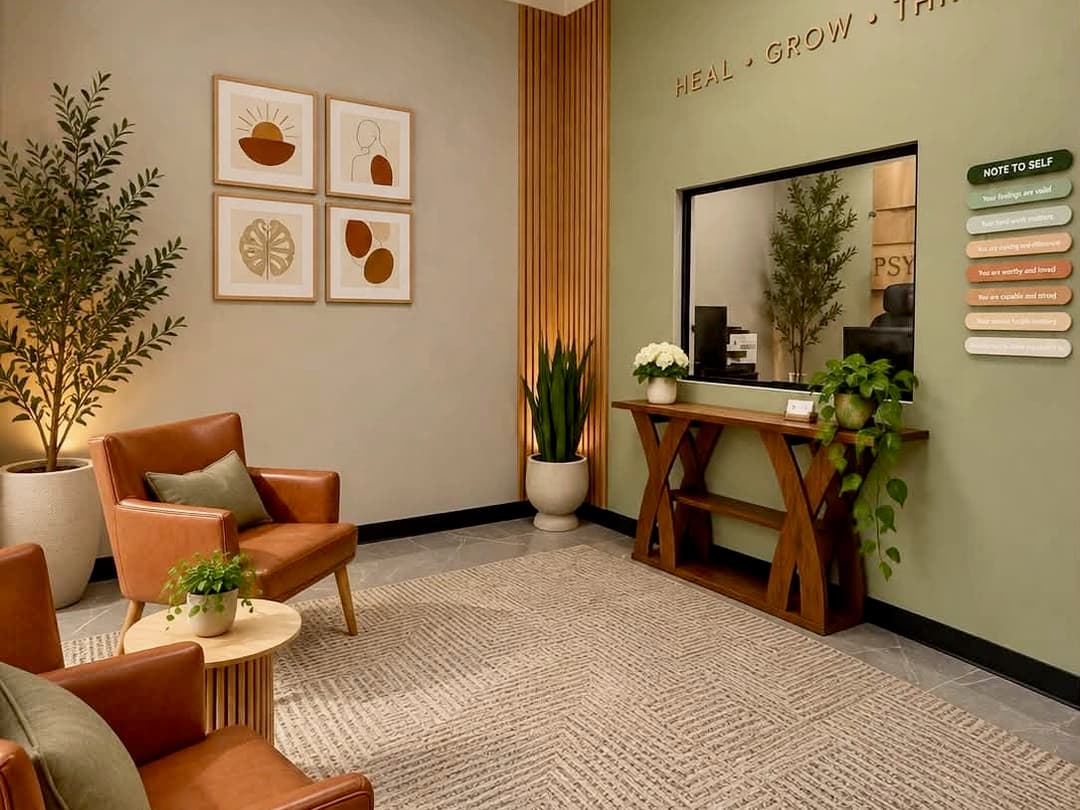 Cozy therapy waiting room with leather chairs, plants, abstract art, and "Heal Grow Thrive" text on green wall.
