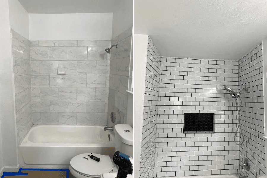 Before and after bathtub surround remodel, from marble-look tile to white subway tile with dark grout.
