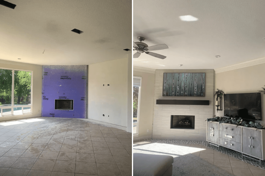 Before and after of living room renovation showing fireplace wall transformed from bare drywall to finished stone.