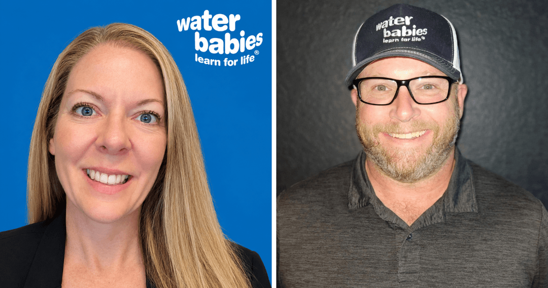 Two headshots with Water Babies branding: a smiling woman with blonde hair and a man in glasses and a cap.