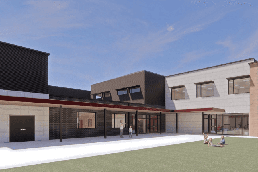 Architectural rendering of a modern school building with people outside near a grassy courtyard under a blue sky.