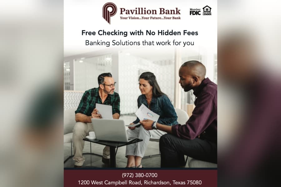 Pavillion Bank ad for free checking showing three people reviewing documents around a laptop, with contact details.