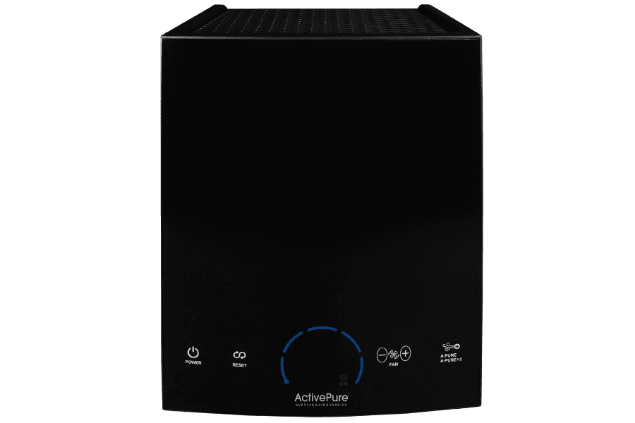 Black ActivePure air purifier with touch controls for power, reset, fan, and timer on the front panel.