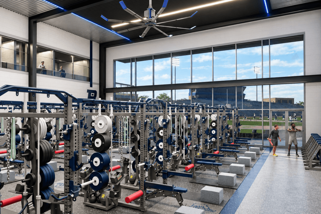 A rendering of the design of the new weight room of the Merrill Green Field House.
