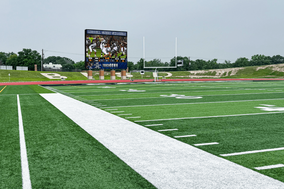 A rendering of a view of the new scoreboard at the 50 yard line on the football field.