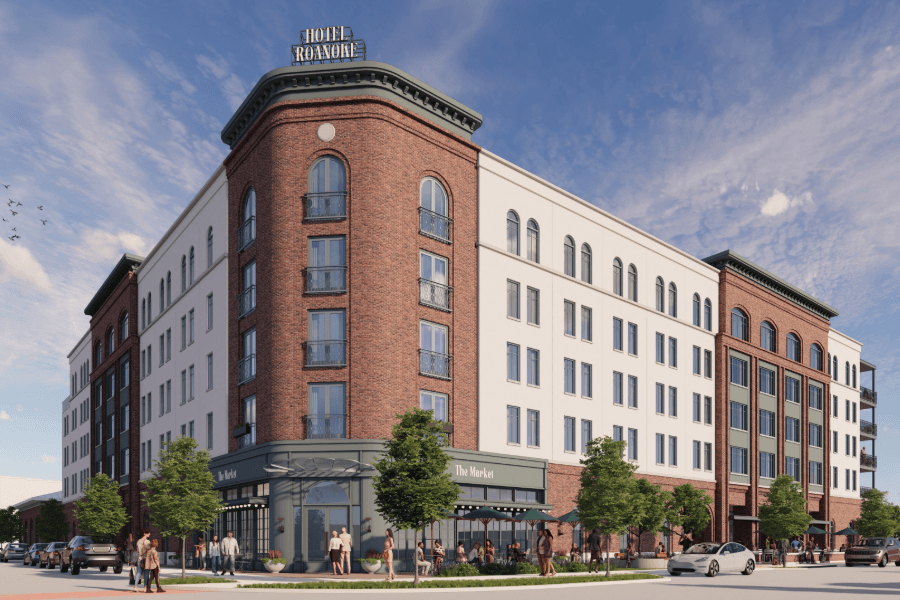 Rendering of a multi-story brick and white Hotel Roanoke building with "The Market" storefront and pedestrians on the sidewalk.