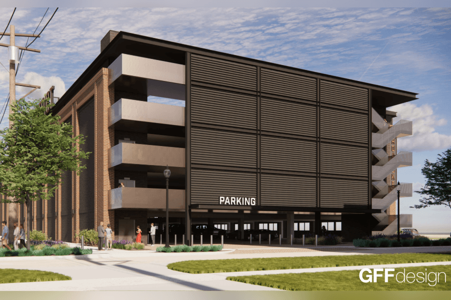 Rendering of a multi-level parking garage with louvered facade, "PARKING" sign, and exterior stairwell.