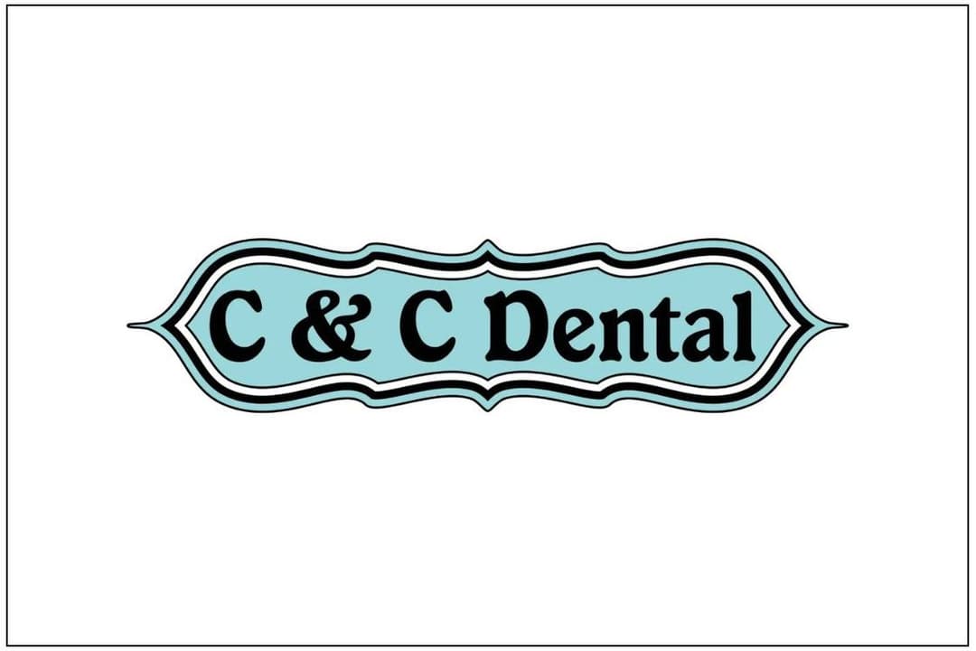C & C Dental logo in black ornate lettering on a light blue decorative banner.