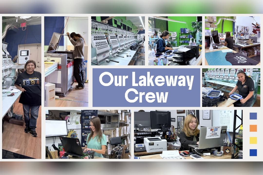Collage of "Our Lakeway Crew" showing staff working with embroidery machines and computers in a print shop.