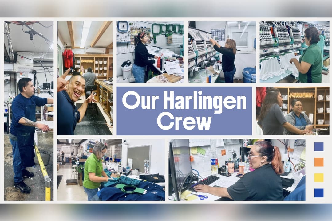 Collage of "Our Harlingen Crew" workers at a screen printing and embroidery shop at various tasks.