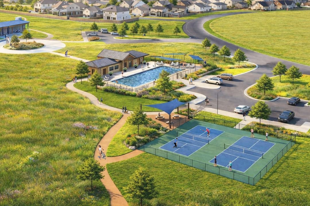 Aerial rendering of a community amenity center with pool, tennis courts, walking paths, and nearby homes.