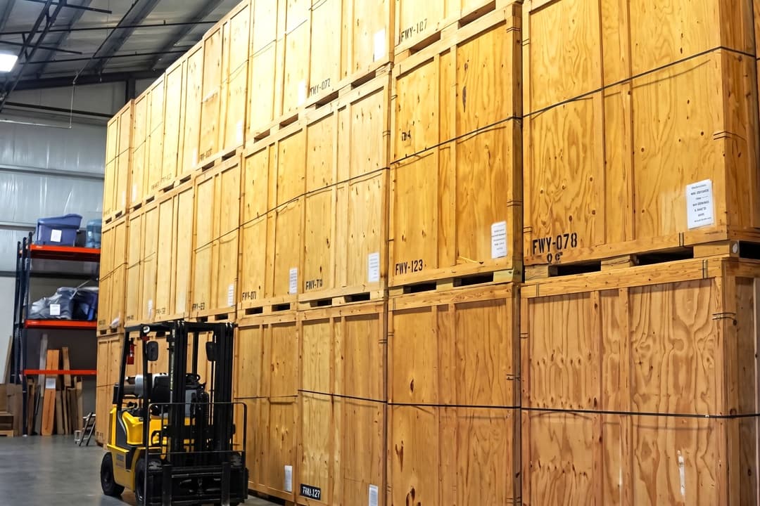 Yellow forklift beside towering stacks of labeled wooden storage crates in a warehouse.