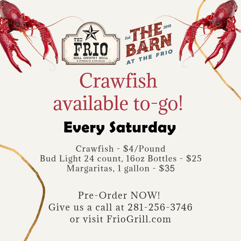 Crawfish Saturdays at Frio Grill! Takeout, curbside and delivery!