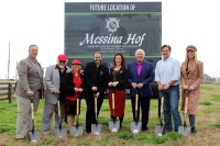 From left: Harvest Green General Manager Jerry Ulke; Messina Hof founders Paul and Merrill Bonarrigo; current owners Paul M. and Karen Bonarrigo; Doug Goff with Johnson Development, the developer of Harvest Green; Harvest Green Development Manager David Hogue; and Harvest Green Marketing Director Haley Peck were in attendance at the ceremonial groundbreaking of the Messina Hof Harvest Green Winery and Kitchen. (Courtesy Messina Hof)