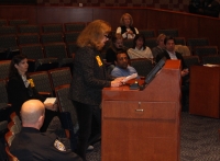 Cile Holloway speaks to the Frisco City Council in opposition of the proposed revisions to the city's animal ordinance on Jan. 21. (William C. Wadsack/Community Impact Newspaper)