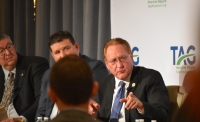 Montgomery County Judge Mark Keough, right, and four other Greater Houston area county judges talked about mobility issues at a TAG-Houston luncheon Jan. 24. (Vanessa Holt/Community Impact Newspaper)