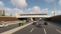 Irving's Signature Bridge passes over SH 114, and will provide pedestrians and drivers easy access to the opposing side of the mixed-use development. (rendering courtesy Bridgefarmer)