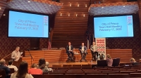 Frisco Mayor Jeff Cheney, Council Member Bill Woodard and City Manager George Purefoy answered resident questions at the Feb. 17 meeting. (Elizabeth Ucles/Community Impact Newspaper)