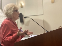 Committee Chair Vickie Taylor addresses Lakeway City Council during the Feb. 18 meeting. (Brian Rash/Community Impact Newspaper)