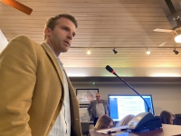 Brian May, president of Vista Bank's Austin branch, addressed Rollingwood City Council on Feb. 19. (Brian Rash/Community Impact Newspaper)