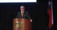 Gil Staley, CEO of The Woodlands Economic Development Partnership, discusses changes in employment sectors in The Woodlands at the Economic Outlook Conference. (Ben Thompson/Community Impact Newspaper)
