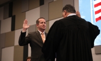 Philip Hassler was sworn onto the McKinney ISD’s Board of Trustees during a Feb. 25 meeting. (Liesbeth Powers/Community Impact Newspaper)