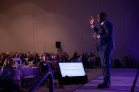 Plano Mayor Harry LaRosiliere, seen here addressing the Plano Chamber of Commerce Feb. 6, has called for increased collaboration among North Texas governments addressing the coronavirus. (Liesbeth Powers/Community Impact Newspaper)