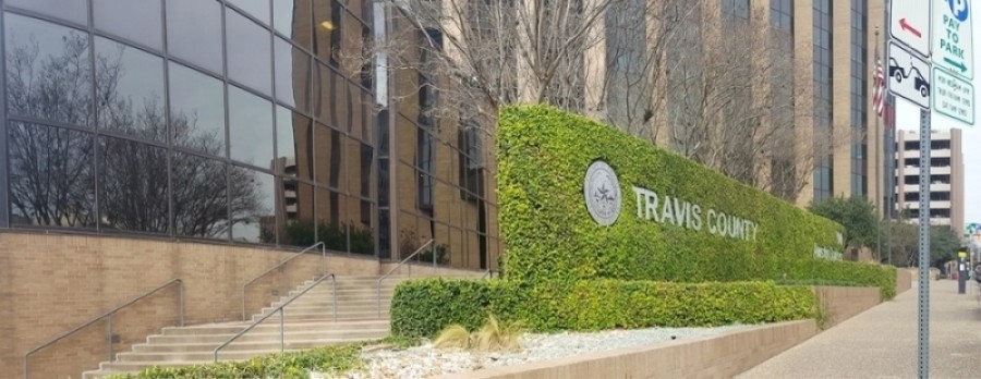 A photo for the main Travis County building's sign