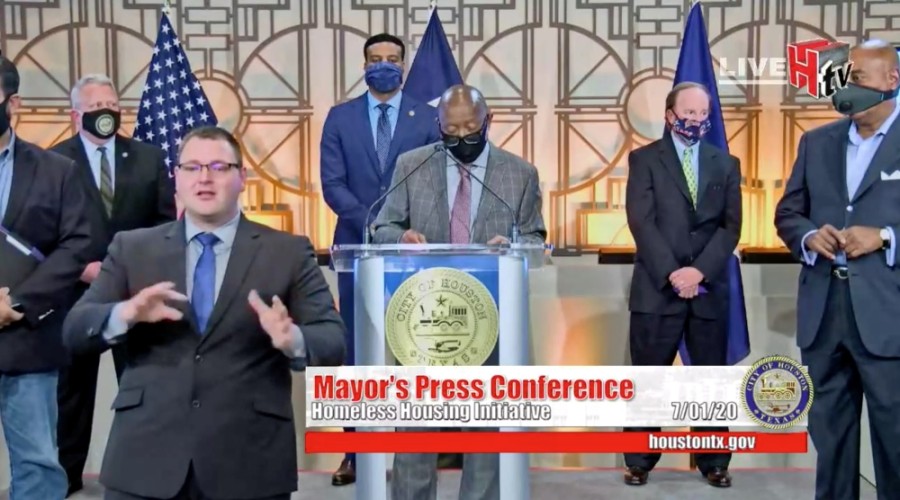 Houston Mayor Sylvester Turner announces a partnership between the city, Harris County and a team of nonprofits to address chronic homelessness at a July 1 press conference. (Screenshot courtesy Zoom)