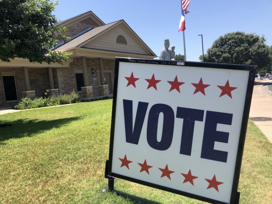 A sign directs voters inside at the Ben Hur Shrine Temple in North Central Austin on July 14. (Jack Flagler/Community Impact Newspaper)