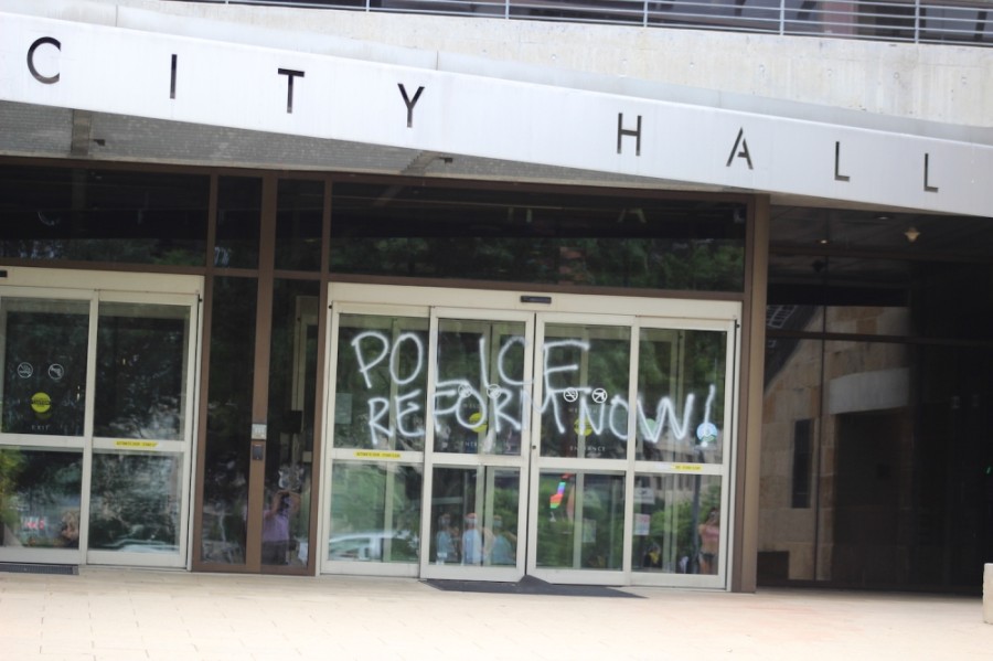 Austin City Hall was one of several downtown buildings to be vandalized during May's protests. (Christopher Neely/Community Impact Newspaper)