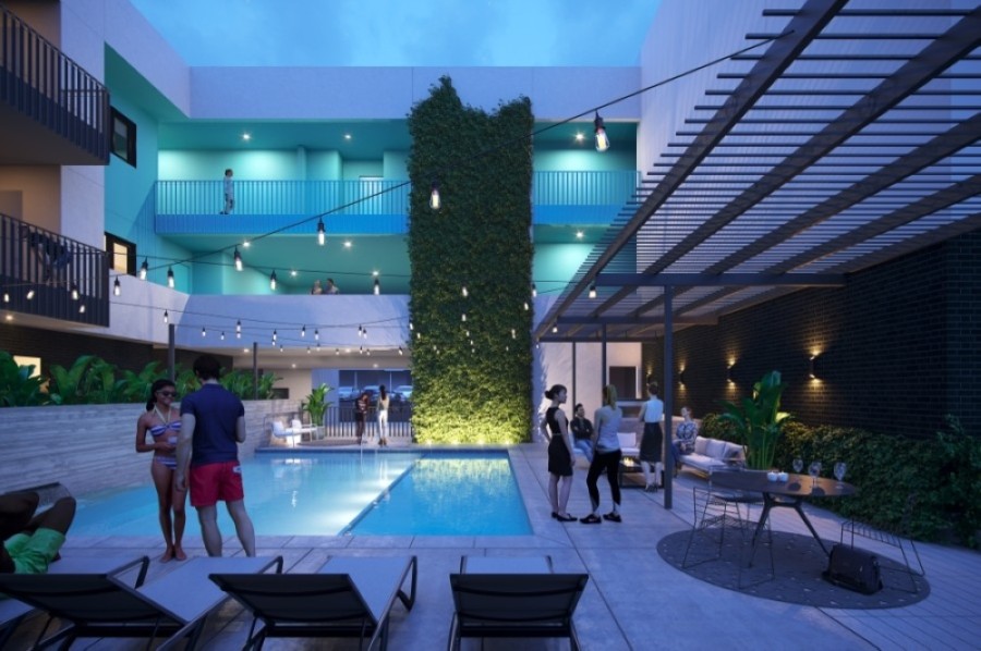 Site amenities include a pool, a fitness studio, coworking spaces and a game lounge. (Rendering courtesy Mark Odom Studios)