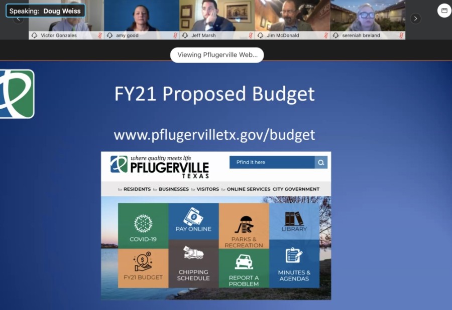 Two weeks after initially discussing a proposed budget and tax rate for fiscal year 2020-21, Pflugerville City Council took steps Aug. 11 to consider a lower proposed budget and maximum tax rate. (Screenshot courtesy city of Pflugerville)