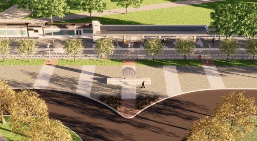 According to newly released designs, an 8 foot 10 inch metal UTD logo will sit on a riser in front of the planned UT Dallas station. (Courtesy Dallas Area Rapid Transit)