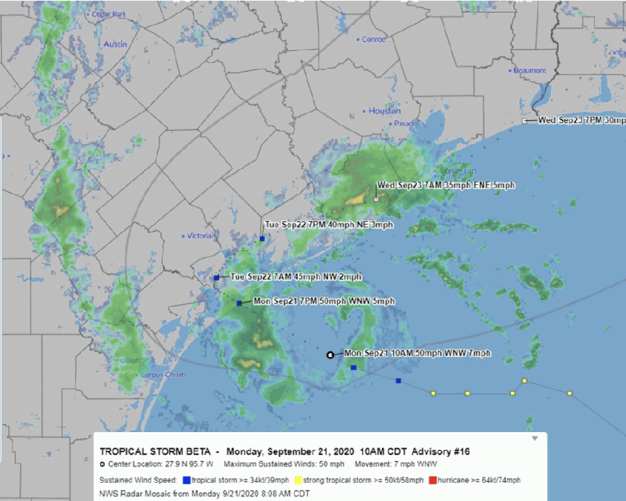 Forecasters currently predict Tropical Storm Beta will make landfall the evening of Sept. 22 along the middle Texas coast then slowly move along the coast or slightly inland through the Greater Houston region toward Louisiana. (Courtesy National Weather Service)