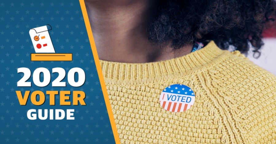 woman wearing i voted sticker, 2020 voter guide