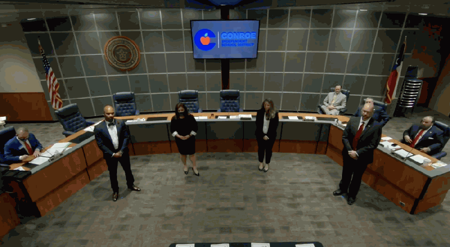 New Conroe ISD trustees Theresa Wagaman and Stacey Chase, center, were sworn in Nov. 17 alongside returning members Datren Williams, left, and Scott Moore, right. (Screenshot via Conroe ISD YouTube)
