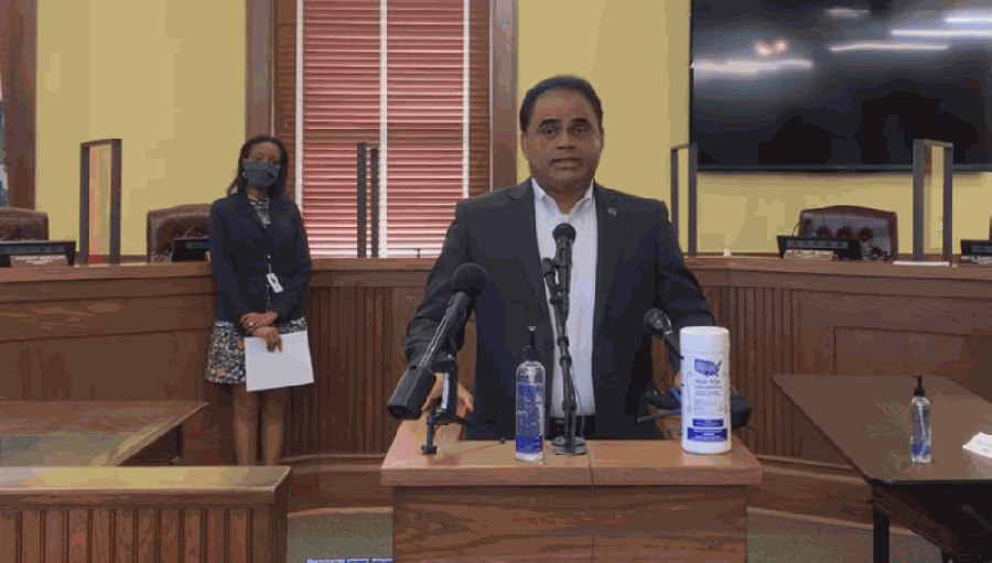 Fort Bend County Judge KP George addressed vaccine distribution at a Jan. 4 press conference. (Screenshot courtesy of Fort Bend County)