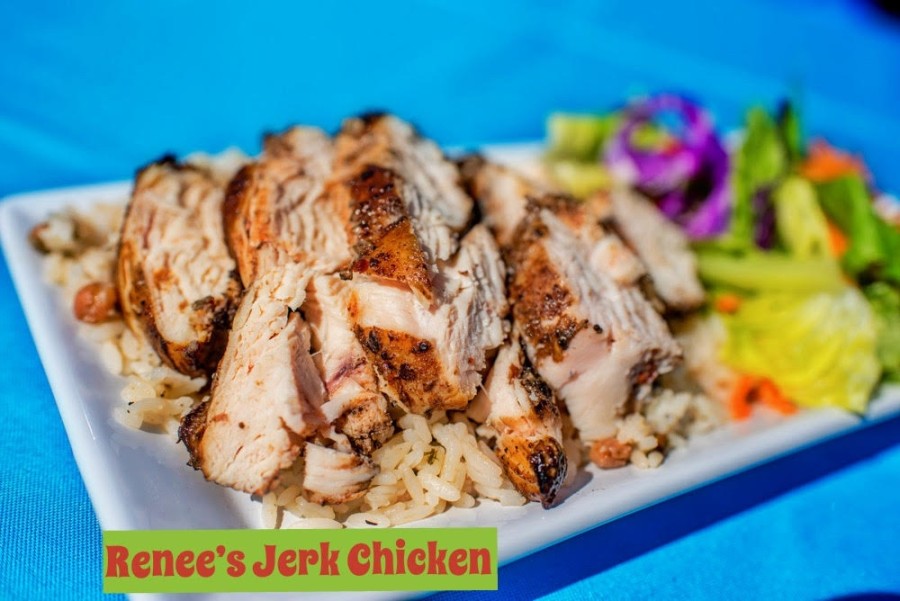 Renee's Jerk Chicken's signature dish is smoked jerk chicken marinated for 24 hours served with rice. (Courtesy Renee's Jerk Chicken)